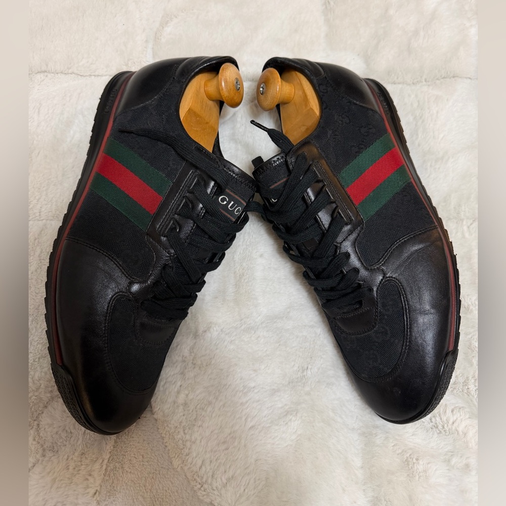 Gucci Ace Black Leather Canvas Signature Red Stripe Low Tennis Sneakers 10.5 - Picture 7 of 16